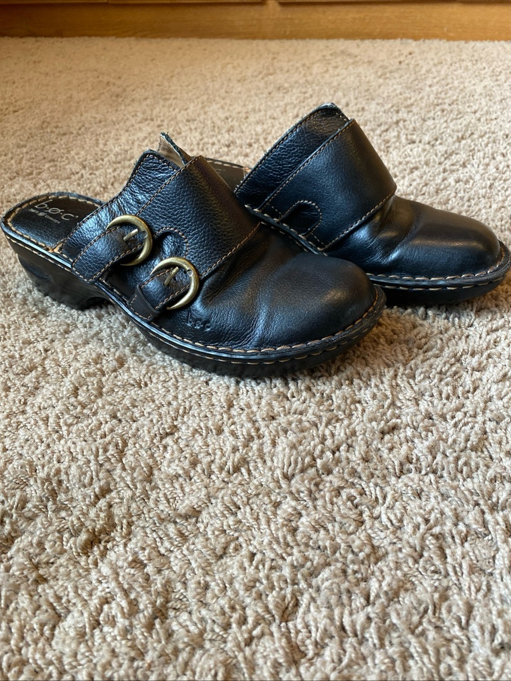 BOC Born Concept Black Leather Wedge Mule Clogs Women’s Sz 10 Boho Festival Slip